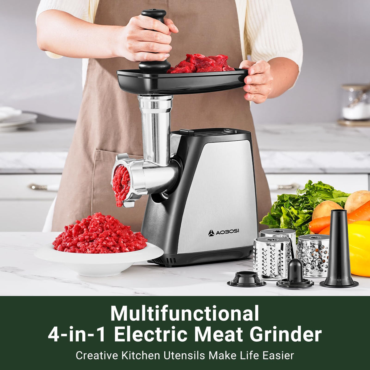 AAOBOSI Meat Grinder Electric, [2800W Max] Meat Grinder, Cheese Grater, Sausage Maker & Kibbe Kit for Home Use