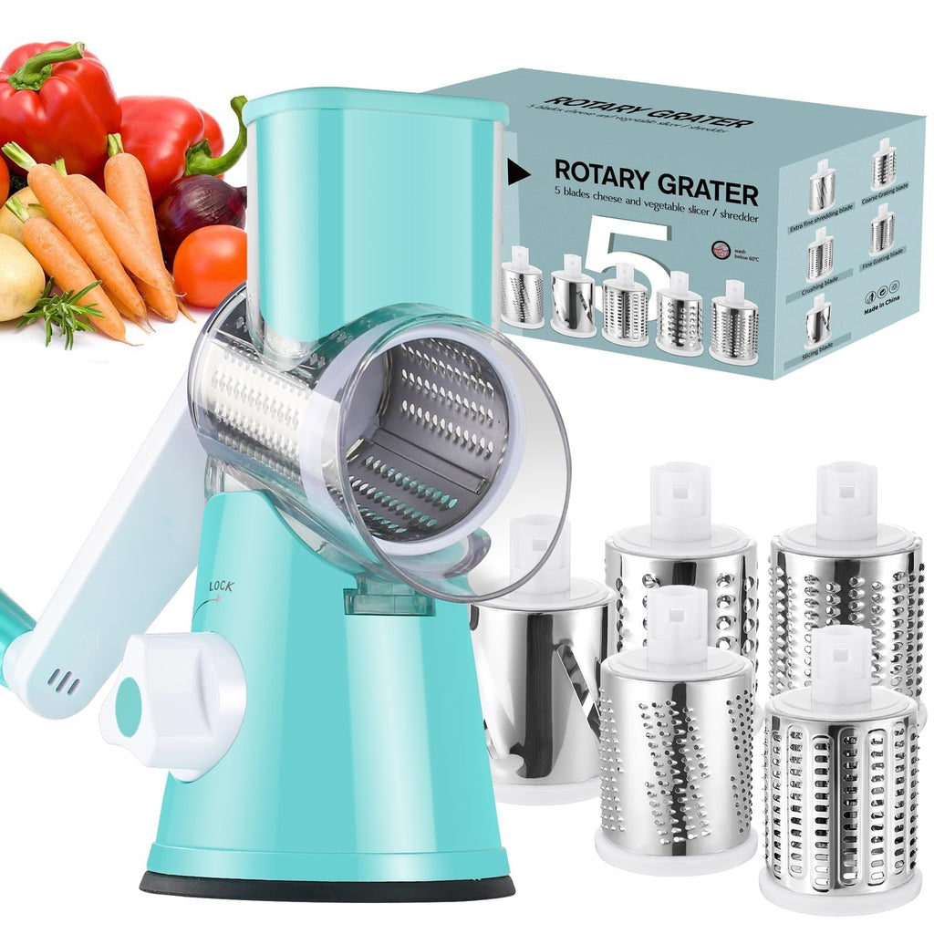 Ourokhome Rotary Cheese Grater Hand Crank, Kitchen Shredder Speed Mandolin Slicer Nut Grinder with Handle and Drum Blades for Cheese, Vegetable, Walnut, Chocolate, Potato, Carrot, 3 Blades, Red