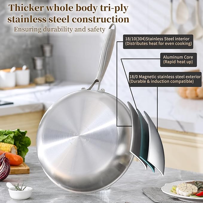 DELARLO Tri-Ply Stainless Steel Frying Pan, All Cooktops Compatible Up to 650℉, Oven Safe Induction Skillet, 12.5 inch Non toxic Cooking Surface, Fast & Even Heat, Durable Cookware