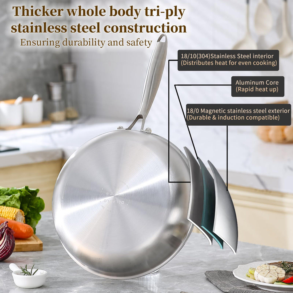 DELARLO Tri-Ply Stainless Steel Pan, 18/10 Frying Pan, Oven Safe Up to 600°F, Nontoxic Cookware, Compatible with All Cooktops Skillet, Durable, Fast Even Heat Fry Pan,9" Pan with Lid