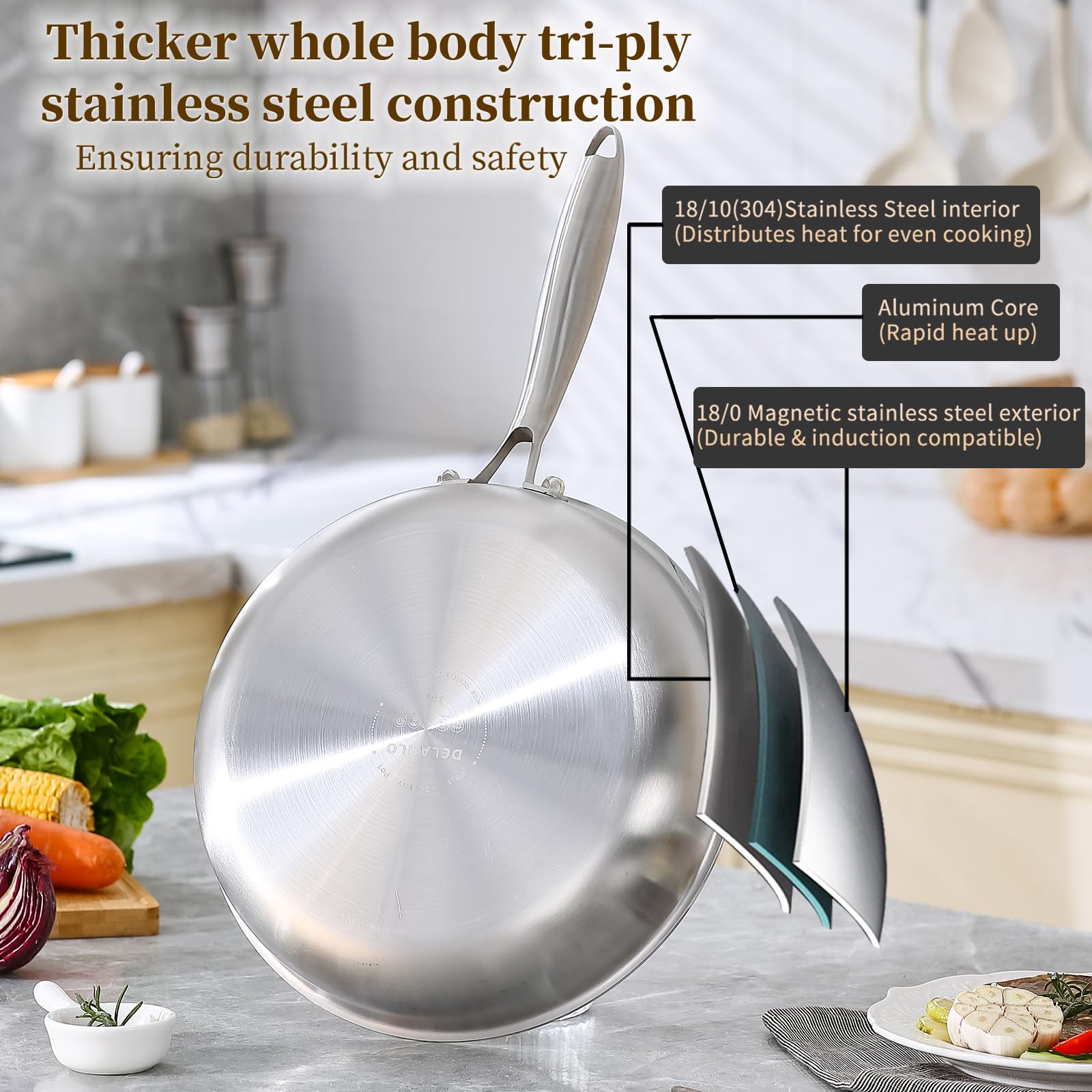 DELARLO Tri-Ply Stainless Steel Pan, 18/10 Frying Pan, Oven Safe Up to 600°F, Nontoxic Cookware, Compatible with All Cooktops Skillet, Durable, Fast Even Heat Fry Pan,9" Pan with Lid