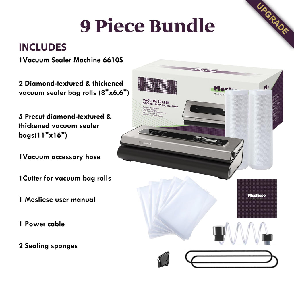 Mesliese 6in1 Vacuum Sealer, Dry/Moist Modes, 2 Bag Rolls & 5 Pre-cut Bags