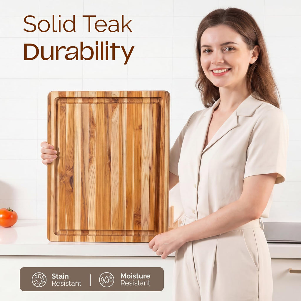 Yes4All Durable Teak Cutting Boards for Kitchen, [20''L x 15''W x 1.5” Thick] Large Edge Grain Cutting Board, Pre Oiled Wood Cutting Boards, Thick Chopping Board w/Juice Grooves and Easy Grip Handle