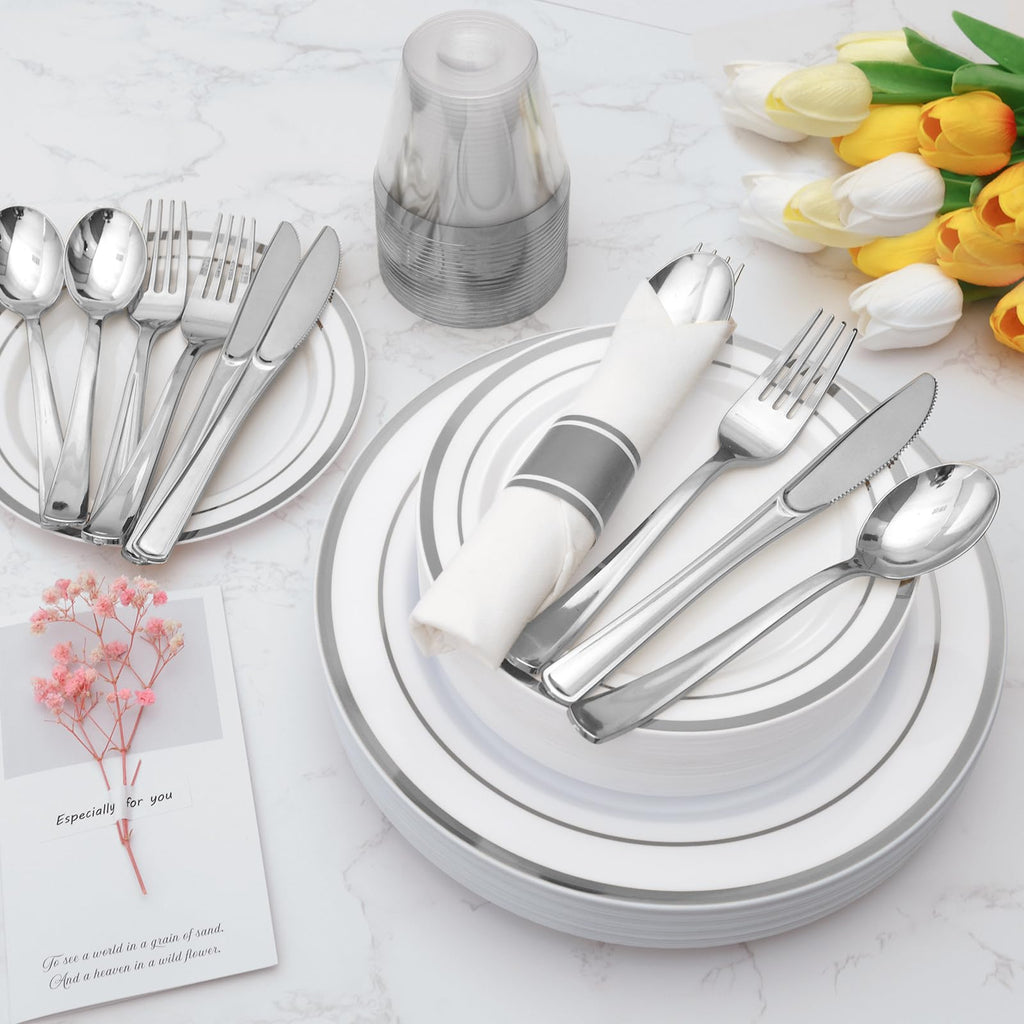 Goodluck 175 Piece Silver Plastic Dinnerware Set for 25 Guests, Fancy Disposable Plates for Party, Include: 25 Dinner Plates, 25 Dessert Plates, 25 Pre Rolled Napkins with Silver Silverware, 25 Cups
