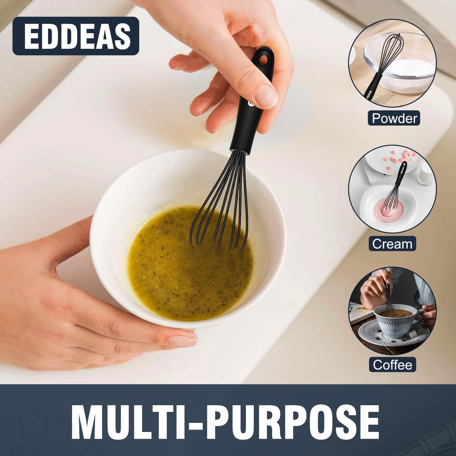 Eddeas Silicone Mini Whisk, Small whisks Non-Stick Tiny Whisks set of 2（5.5in & 7.5in）-Heat Resistant (450°F) Whisks, Balloon Egg Beater Perfect for Whisking, Beating, Mixing, Blending, Black