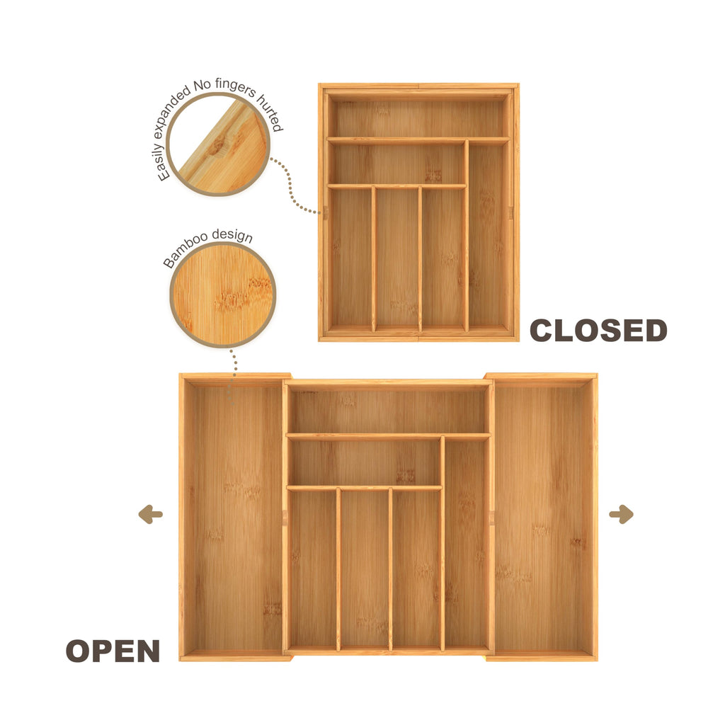 BAMEOS 3.9inch Tall Bamboo Drawer Organizer, Expandable Utensil Holder with 8 Compartments, Adjustable Kitchen Drawer Divider for Flatware, Silverware and Gadgets, Deep Storage for Home and Office