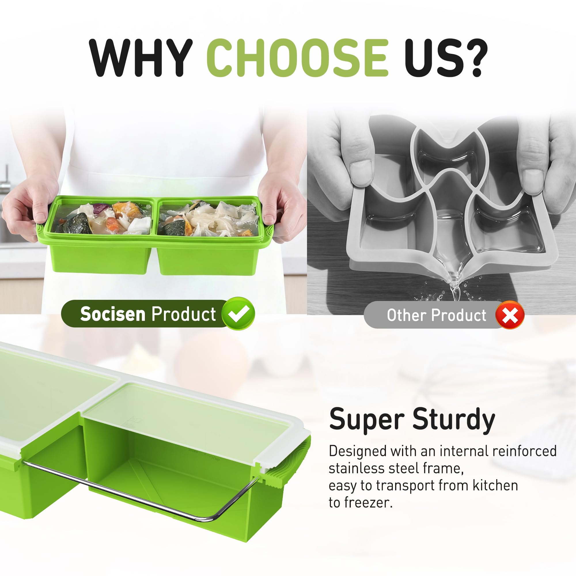 Silicone Freezer Tray with Lid Soup Freezer Container Molds with Steel Reinforced Rim Ice Cube Freezer Molds for Soup, Sauce, Leftovers, Homemade Meal Prep Containers Butter Molds Kitchen Sets