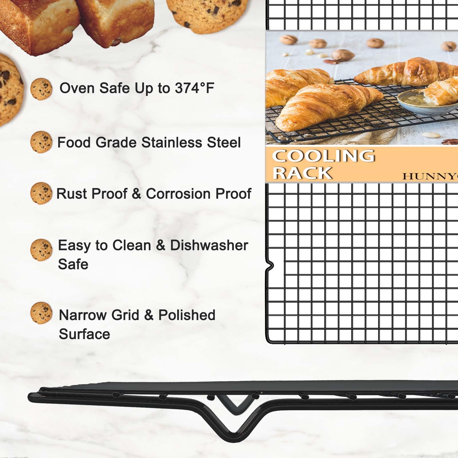 Hunnycook 15.8”×9.8” Cooling Rack, 3P Stainless Steel Baking Rack, Oven Safe Cooling Racks for Cooking and Baking, Black Roasting Rack & Wire Rack & Cookie Cooling Rack for Roasting, Grilling, Drying
