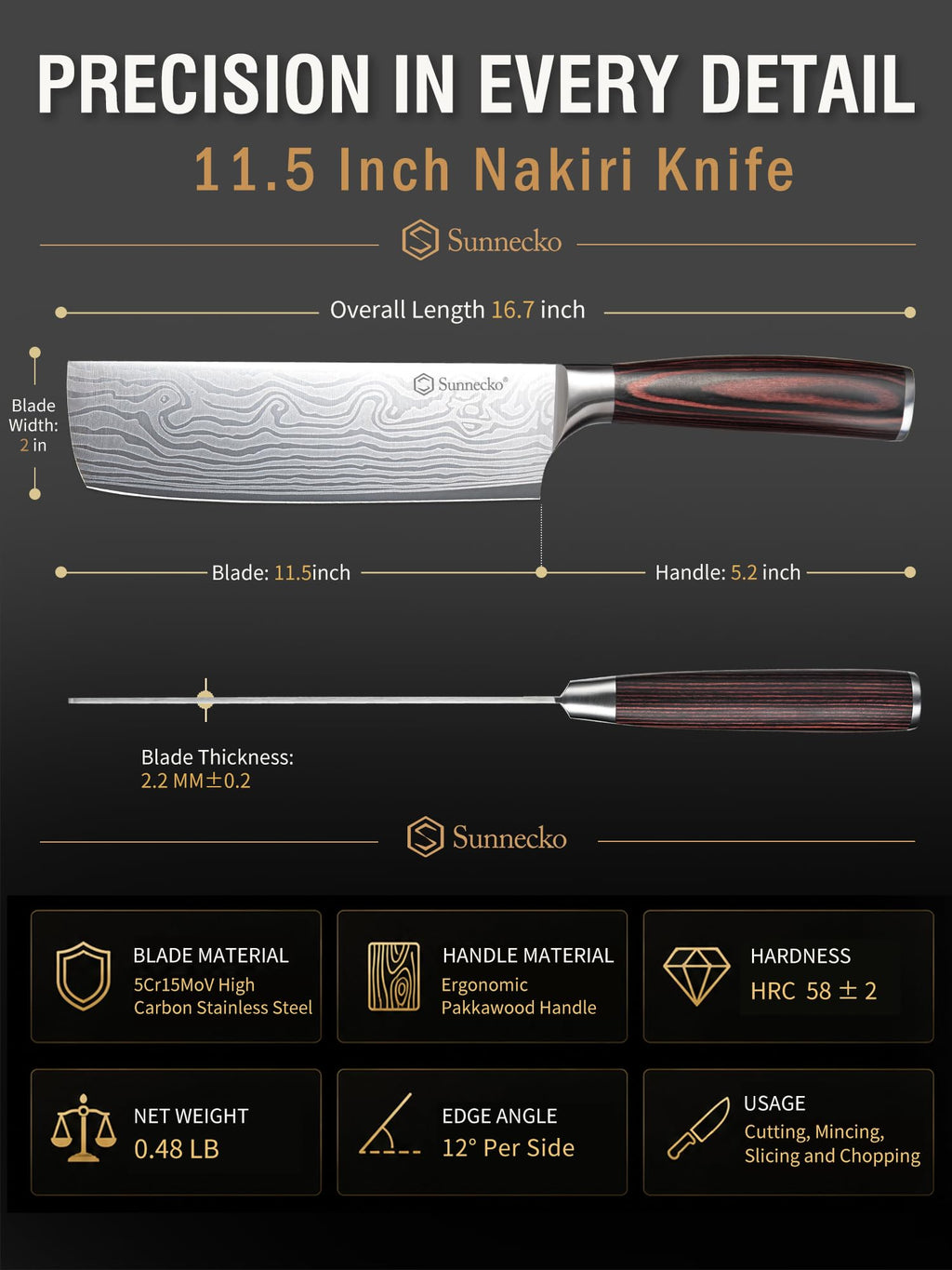 Sunnecko Nakiri Knife - 11.5" Kitchen Knife for Meat Cleaver and Vegetable Chopping, 12° Edge Razor Sharp High Carbon Stainless Steel Asian Chef Knife with Sheath, Kitchen Gift for Home Cooks Men
