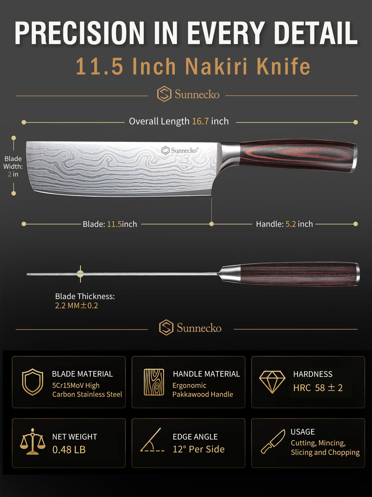 Sunnecko Nakiri Knife - 11.5" Kitchen Knife for Meat Cleaver and Vegetable Chopping, 12° Edge Razor Sharp High Carbon Stainless Steel Asian Chef Knife with Sheath, Kitchen Gift for Home Cooks Men