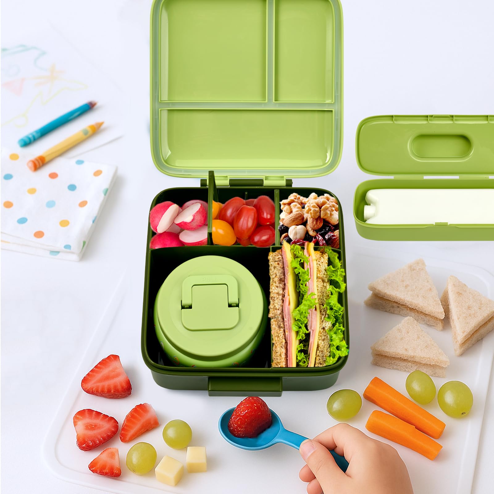 JXXM Bento Lunch Box for Kids with 8oz Soup Thermo,Leak-Proof Lunch Containers with 5 Compartment,Thermo Food Jar Food Containers for School (Green-Colorful Dinosaur)