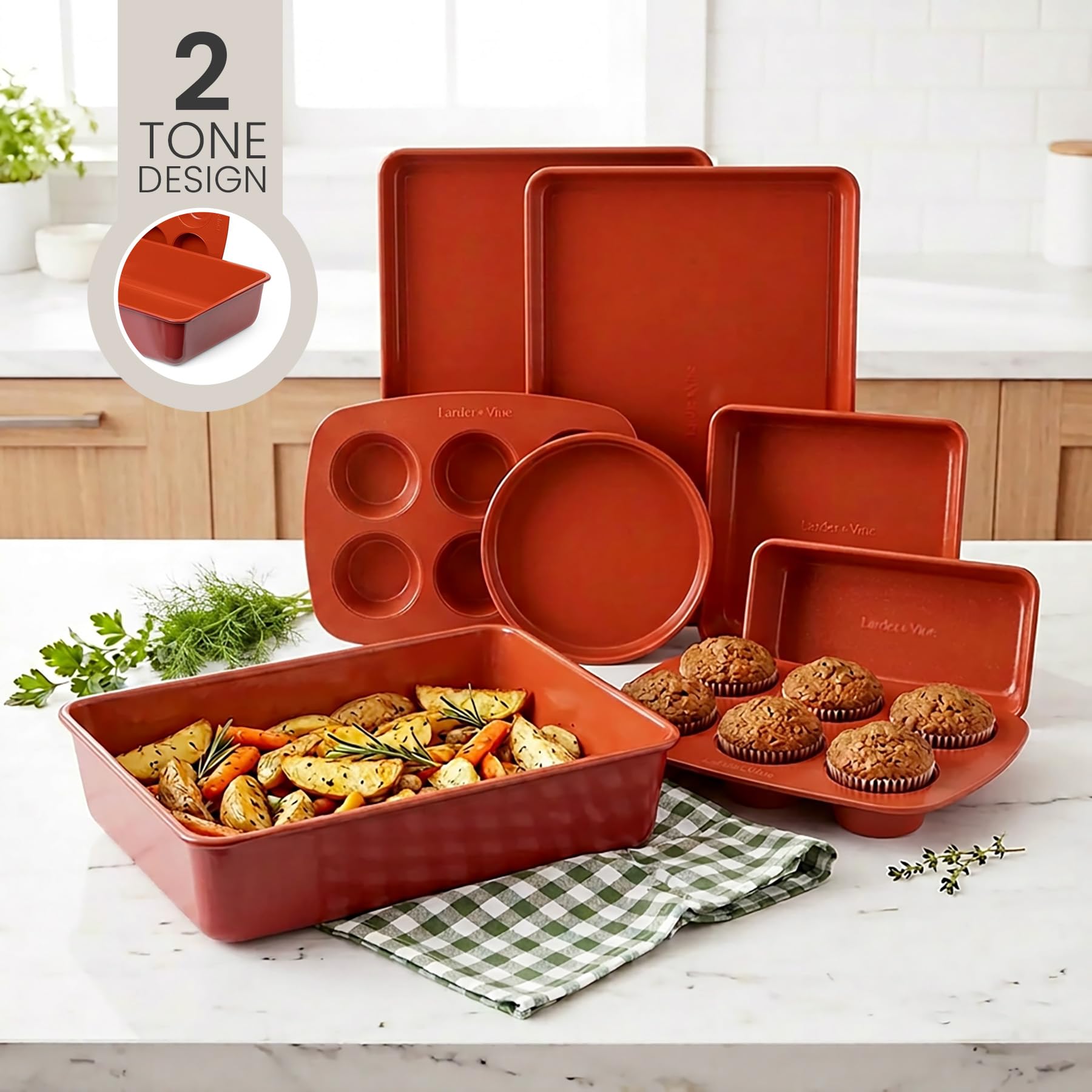 Larder & Vine 8-Piece Stackable Bakeware Set, Ceramic-Coated Nonstick Baking Pan Set, Non-Toxic, with Baking Sheets, Muffin Pan, Loaf Pan & Cake Pans, Cabernet