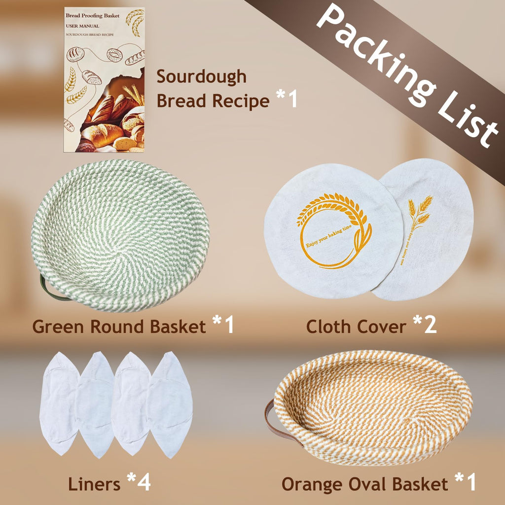 Waysse Banneton Bread Proofing Basket Set,Cotton Rope Sourdough Banneton Basket Oval Round, 10 inch Sourdough Bread Baking Supplies with 4 Liners, Handmade Proofing Bowls for Artisan Bakers Starter
