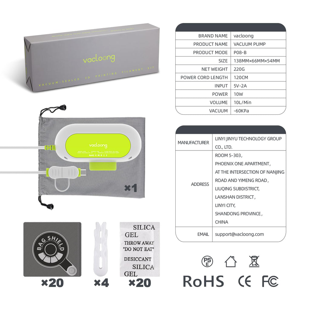 Vacloong Vacuum-Sealed 3D Printing Filament Kit, 20 Packs Lightproof Storage Bags with Vacuum Pump, Moisture-Proof Bags, Sorting & Storage of PA/DP/PC/PLA/ABS/TPU/ASA/PETG with Desiccant