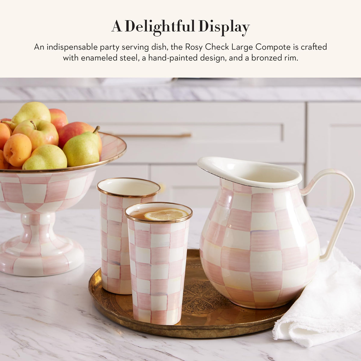 MACKENZIE-CHILDS Enamel Compote, Large, Pink-and-White Rosy Check