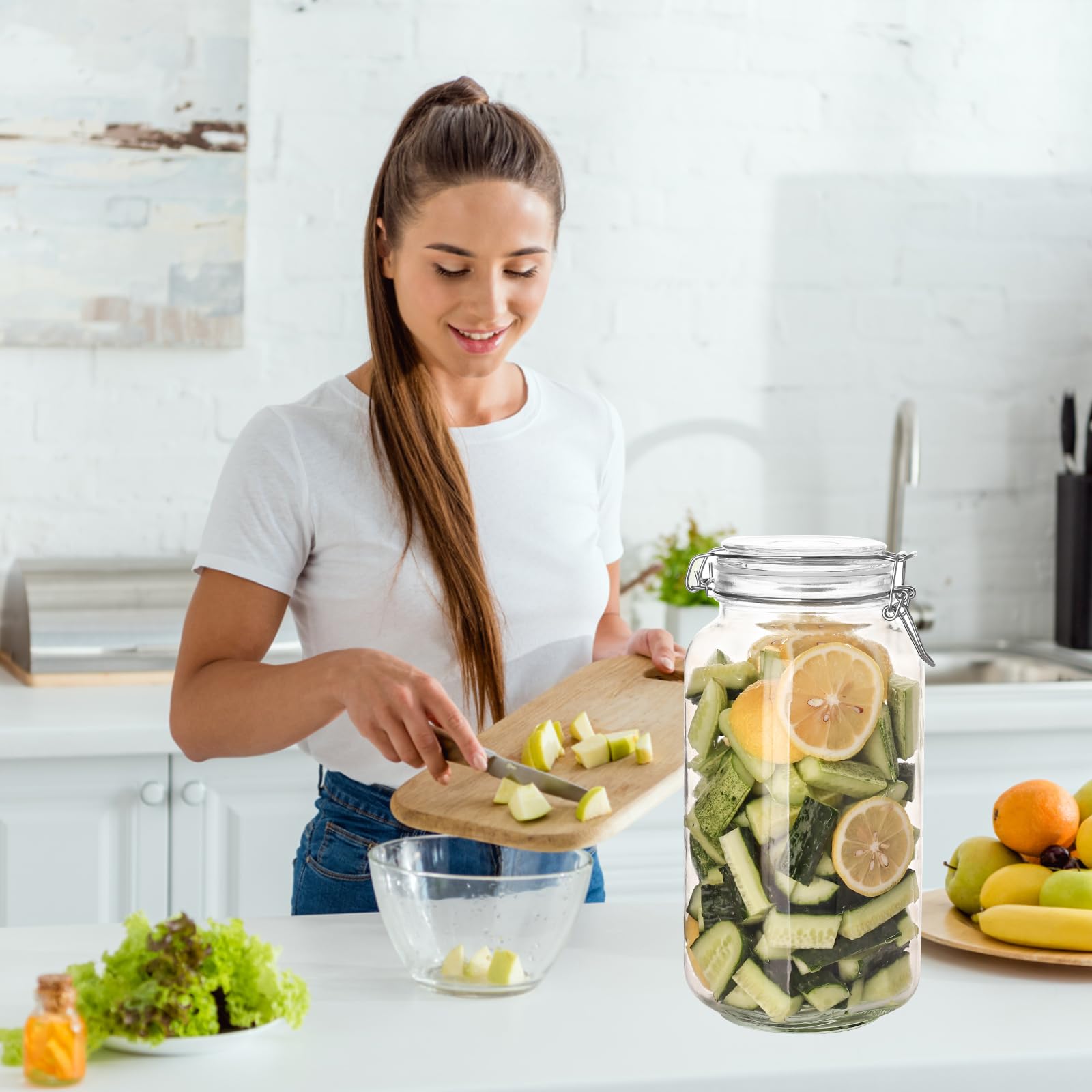 Liuruiyu 78oz Glass Food Storage Jars with Airtight Clamp Lids, 3 Pack Wide Mouth Large Kitchen Canisters for Flour, Cereal, Beans, Pasta and Canning, Square Mason Jar with Labels