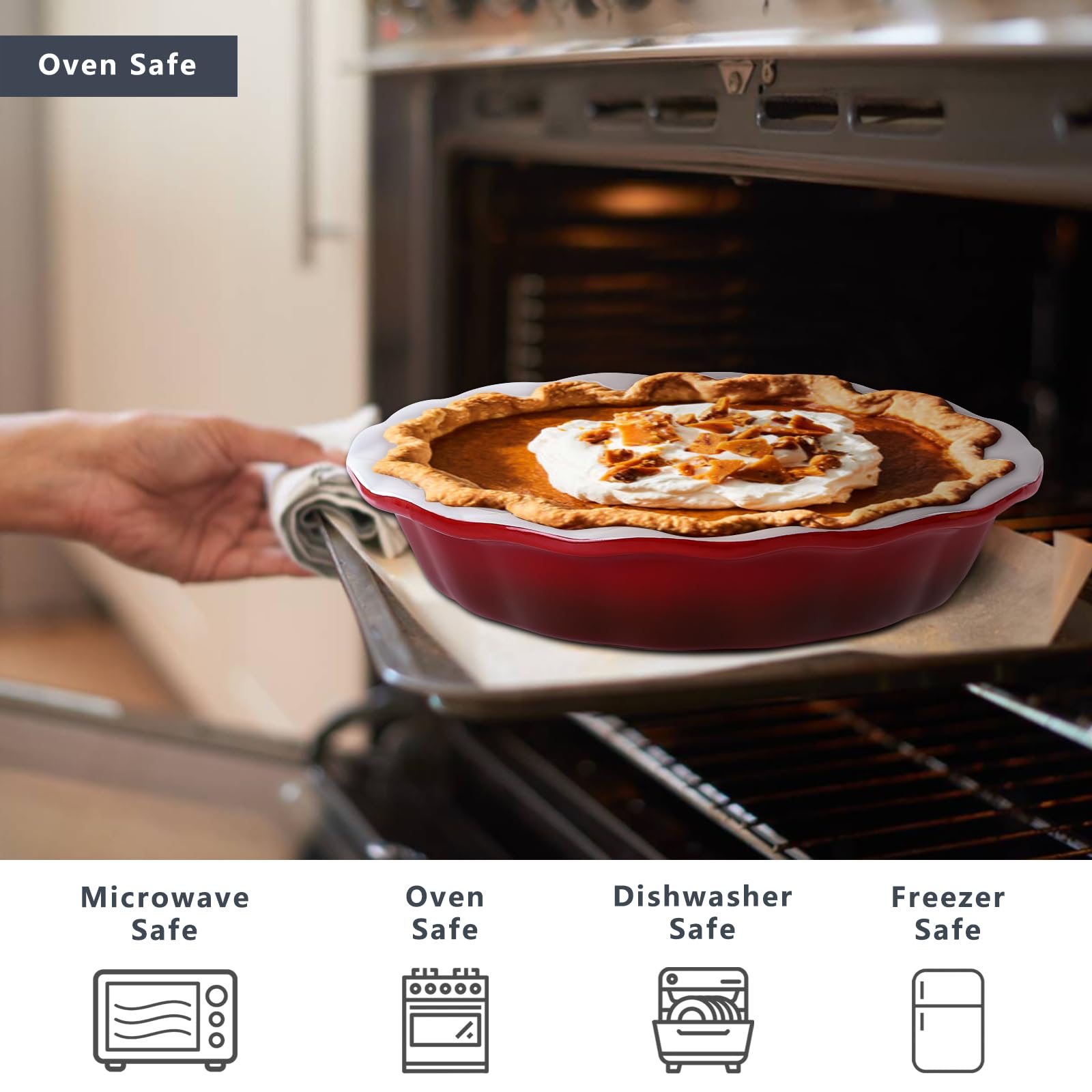 Lareina Deep Dish Pie Pan for Baking, 9 Inch Ceramic Fluted Pie Dish for Apple, Quiche, Pecan, Pot Pies, 53 Ounce Round Pie Plate, Set of 2, Red