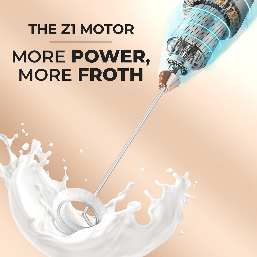 Zulay Kitchen Powerful Milk Frother Wand With Duracell Batteries - Ultra Fast Handheld Drink Mixer - Electric Whisk Foam Maker for Coffee, Lattes, Cappuccino & Matcha - Z1 Motor - White & Rose Gold