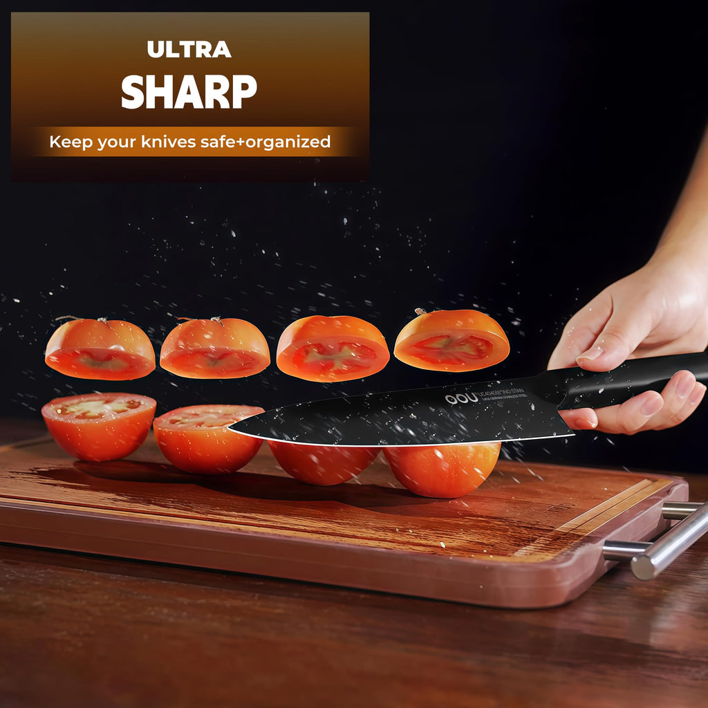 OOU Kitchen Knife Block Set - 15 Pieces High Carbon Stainless Steel Knife Block Set with Built-in Sharpening Blocks, Black