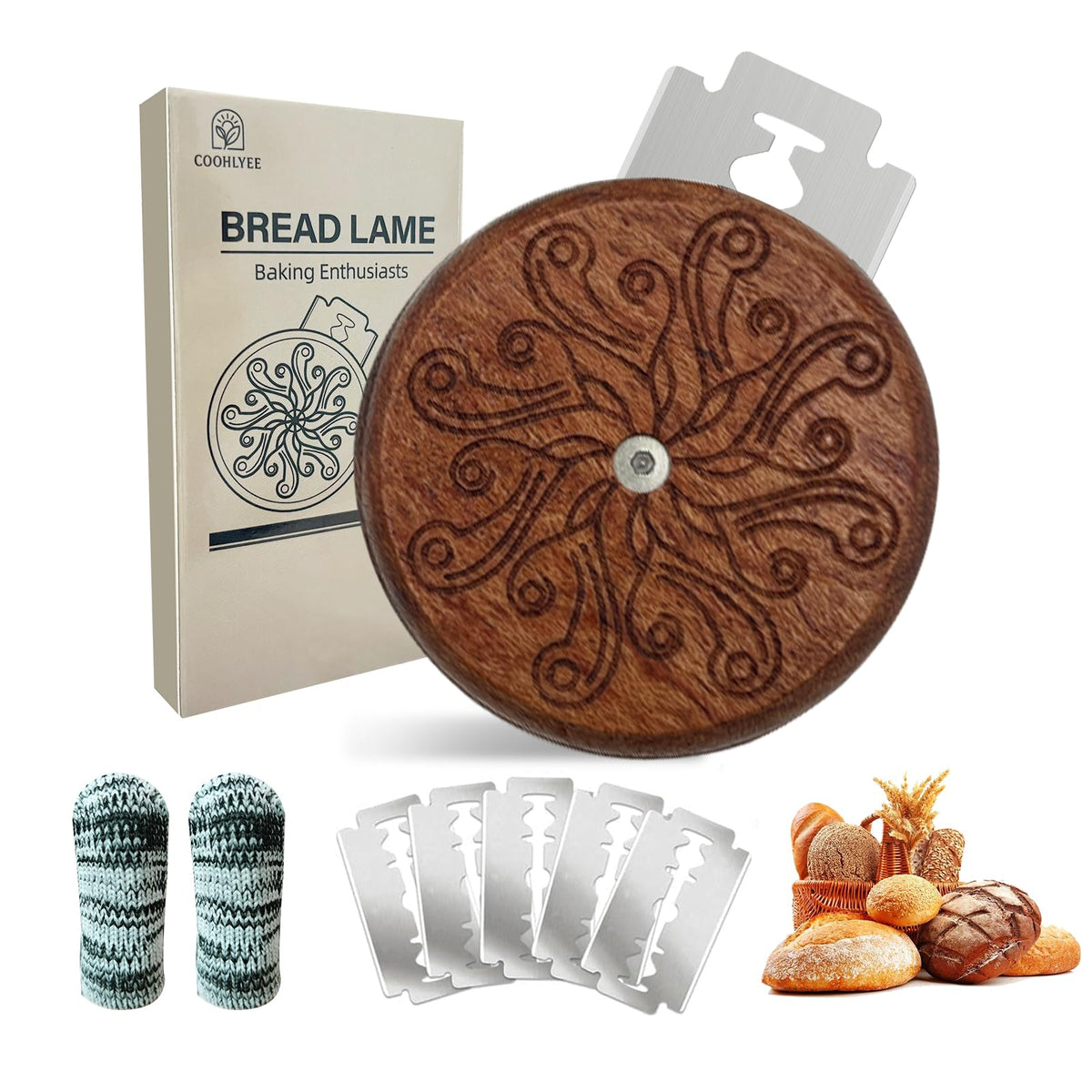 Bread Lame Sourdough Scoring Tool, Wooden UFO Bread Scorer with 5 Blades