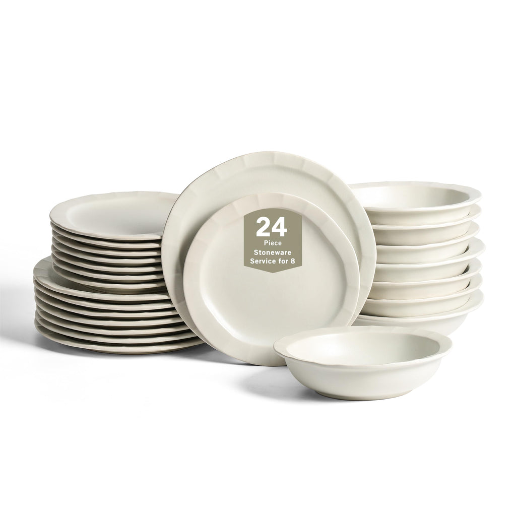 Stone Lain Oasis Stoneware Plate Dish Set, 4-Piece Dinner Plates - Ceramic Serving Dishes for 4 People - Microwave & Dishwasher Safe, White