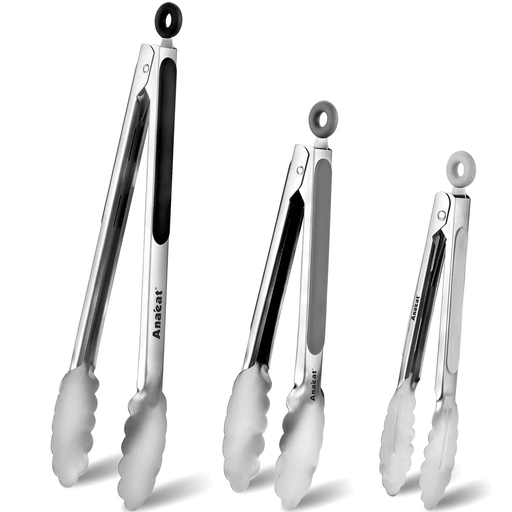 Anaeat Stainless Steel Locking Tong Set of 3 - Premium 7, 9 and 12 inch Kitchen Food Tongs with Non-Slip Silicone Tips and Grip for Serving, Cooking, Baking and BBQ - Heavy Duty & Heat Resistant
