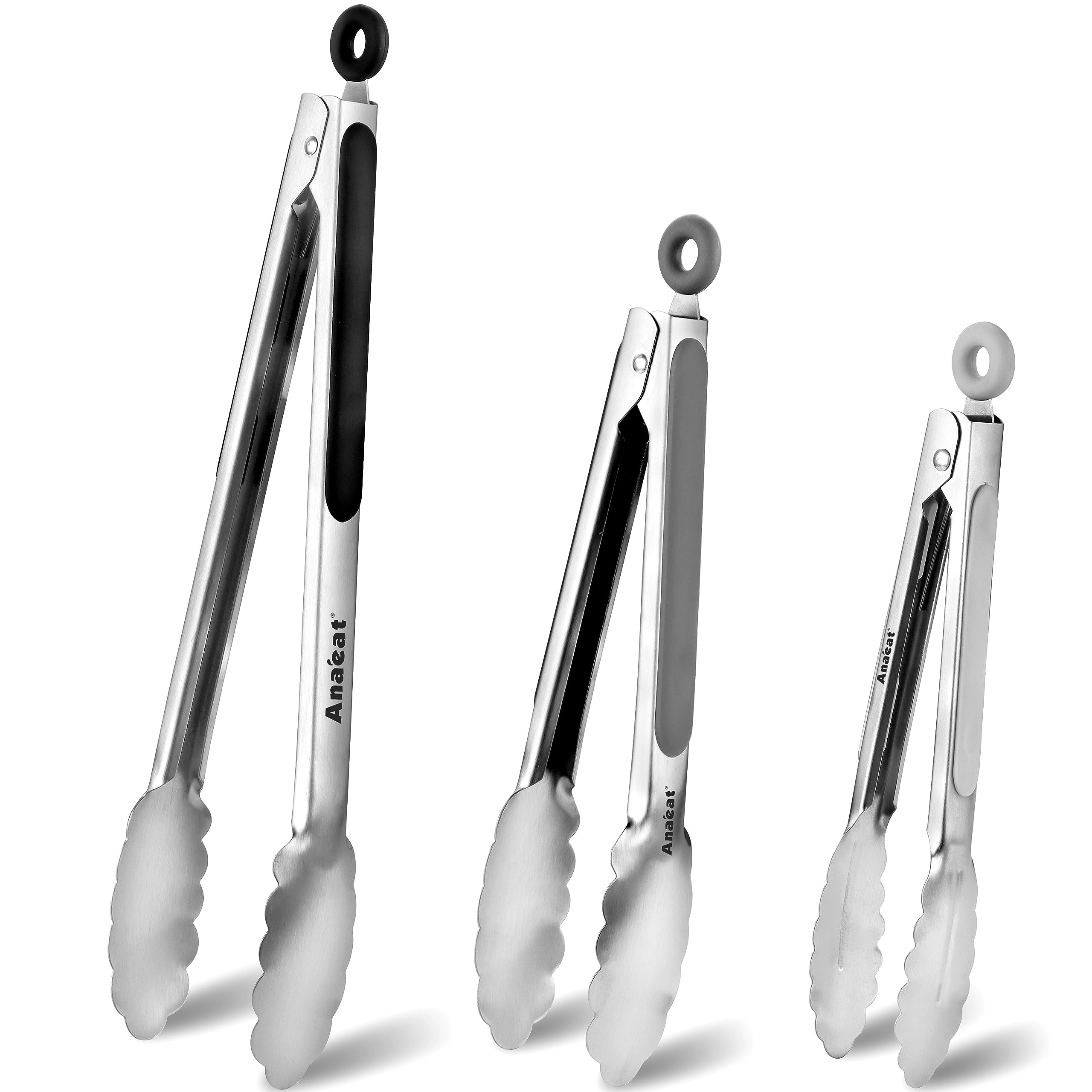 Anaeat Stainless Steel Locking Tong Set of 3 - Premium 7, 9 and 12 inch Kitchen Food Tongs with Non-Slip Silicone Tips and Grip for Serving, Cooking, Baking and BBQ - Heavy Duty & Heat Resistant