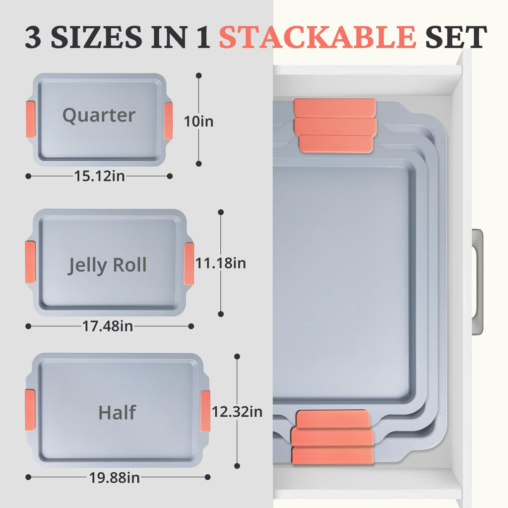 BRONYPRO Non Stick Ceramic Baking Sheet Pan Set of 3, Natural Non Toxic Cookie Sheets for Baking - PFOA, PTFE Free, Heavy Duty Aluminized Steel Oven Trays for Cooking with Silicone Handles, Coral