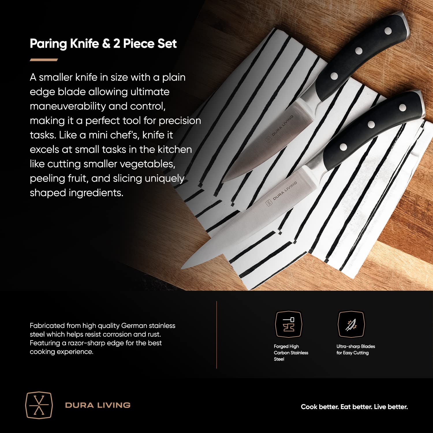DURA LIVING 2-Piece Kitchen Knife Set – Ultra Sharp Precision German Stainless Steel Blades, 5” Utility & 3.5” Paring Knife with Ergonomic Handles, Multipurpose for Slicing & Peeling, Black Handle