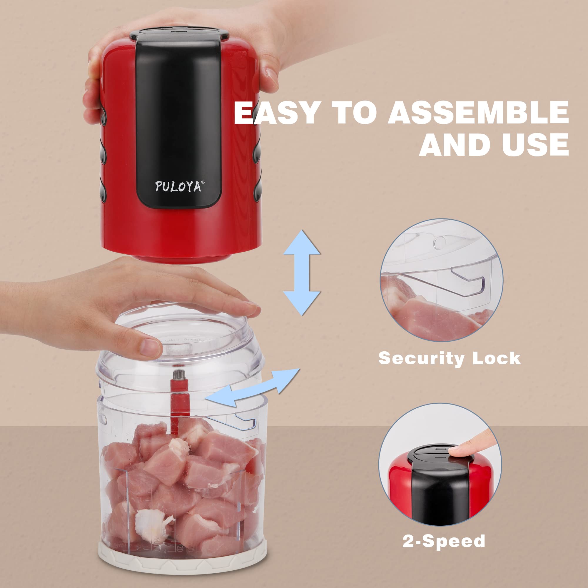 PULOYA Mini Prep Food Processor 2 Cup Small Electric Food Chopper 2 Speed for Vegetables, Meat, Fruits and Nuts with 4 Stainless Steel Blades, 400-Watt, Red