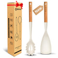 Silicone Cooking Spoon and Pasta Fork Set, 2 Pack Large Spatula Spoons Set with Wooden Handle, Nonstick Multifunction Spoon for Cooking, Serving, Mixing and Spaghetti (Black)