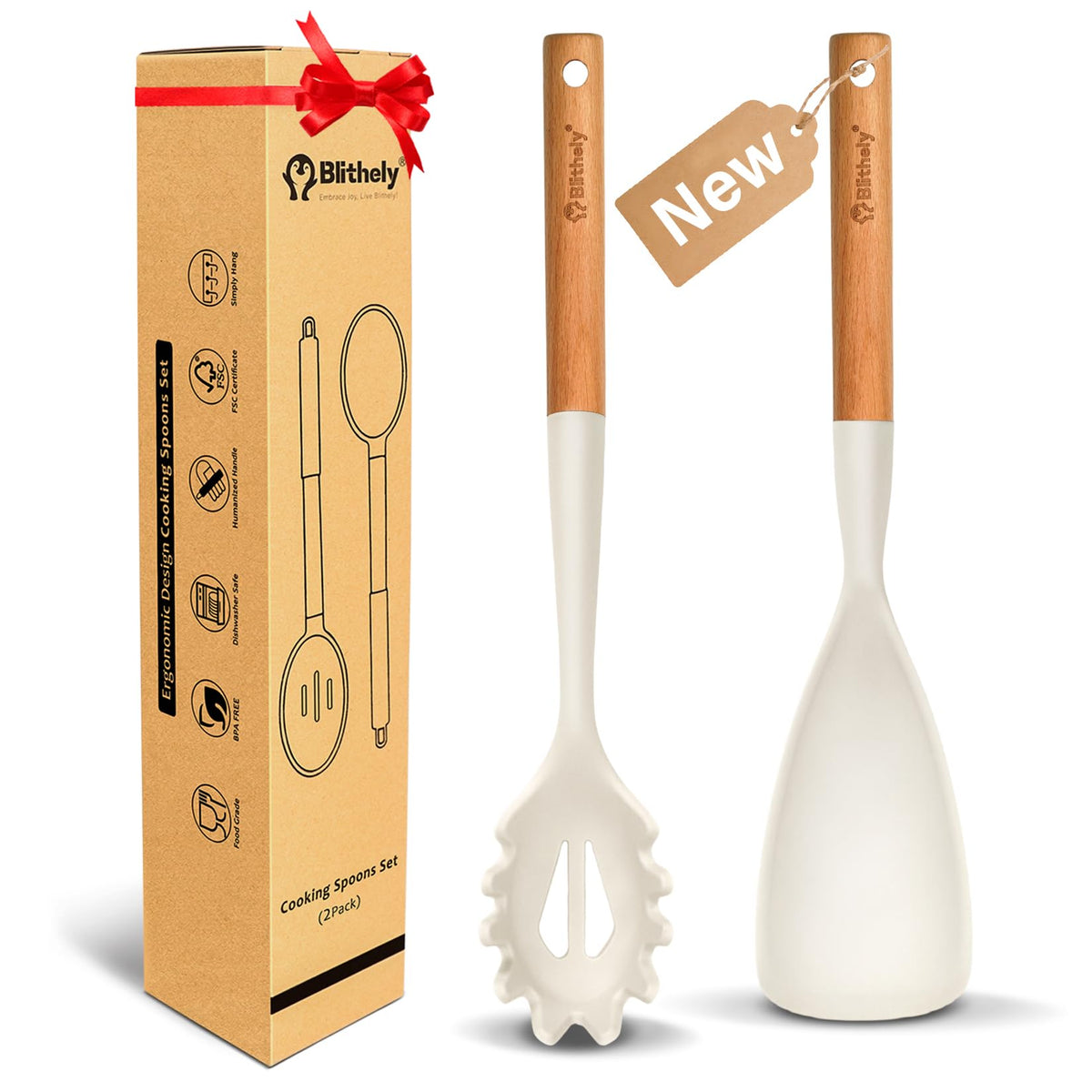 Silicone Cooking Spoon and Pasta Fork Set, 2 Pack Large Spatula Spoons Set with Wooden Handle, Nonstick Multifunction Spoon for Cooking, Serving, Mixing and Spaghetti (Black)