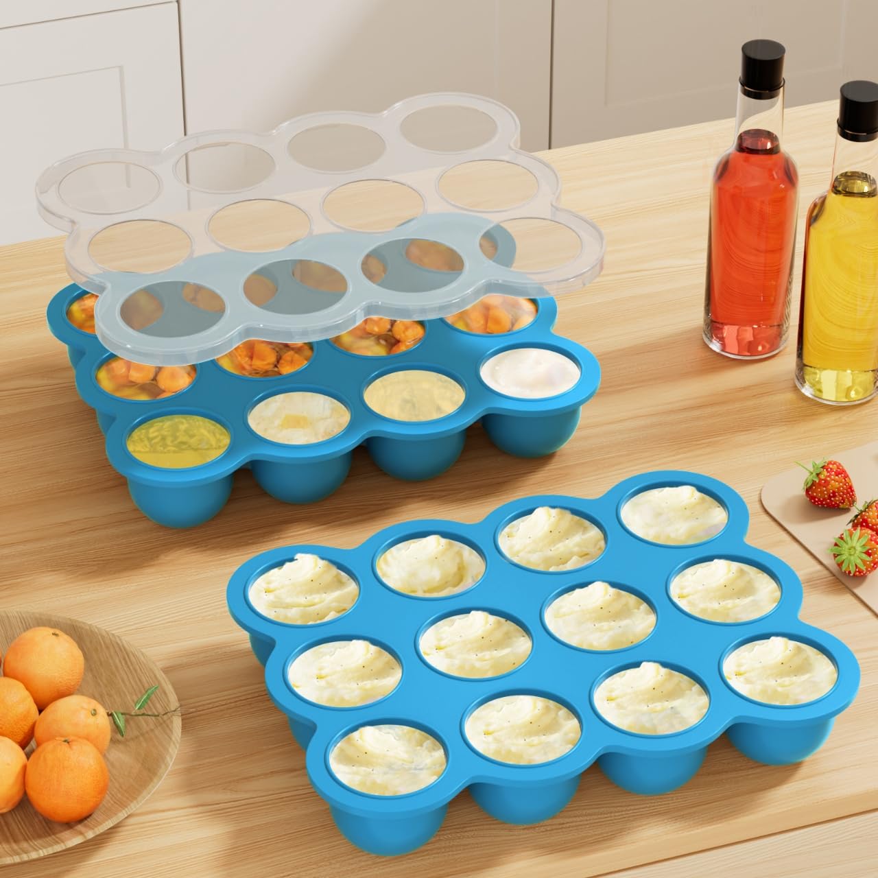 Samuelworld Baby Food Storage Container, 12 Portions x 2.5oz - BPA Free Silicone Freezer Tray with Clip-On Lid for Breast Milk Storage, Homemade Baby Food, Vegetable & Fruit Purees - Blue