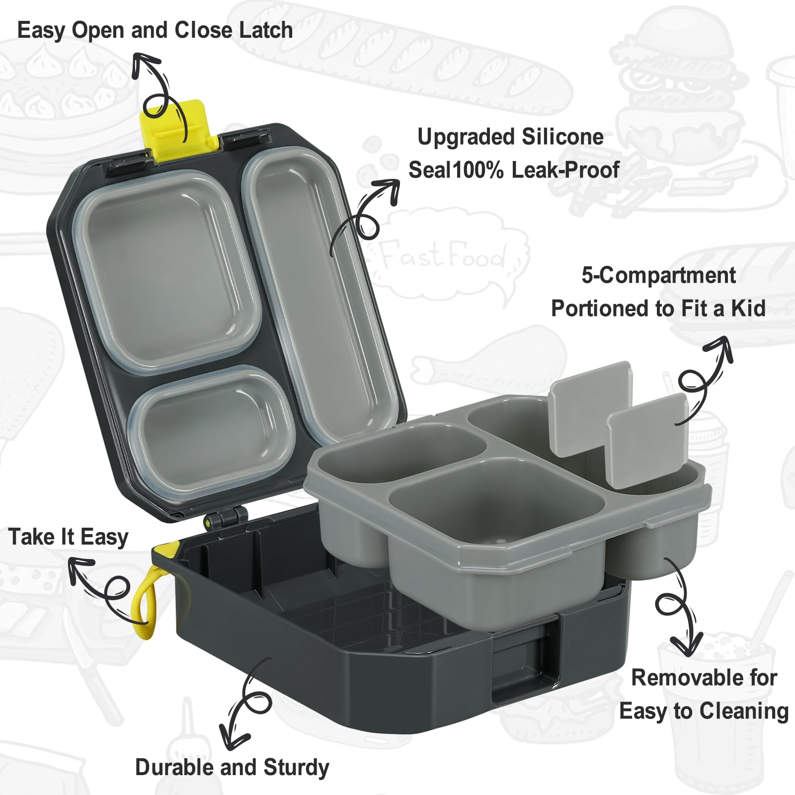 Itslife Bento Lunch Box Set for Kids with 12oz Soup Thermo&Lunch Bag, Leak-Proof Lunch Food Containers for Kids School, 5 Compartment, Sauce Cup, 10 Notes (Grey Dinosaurs)