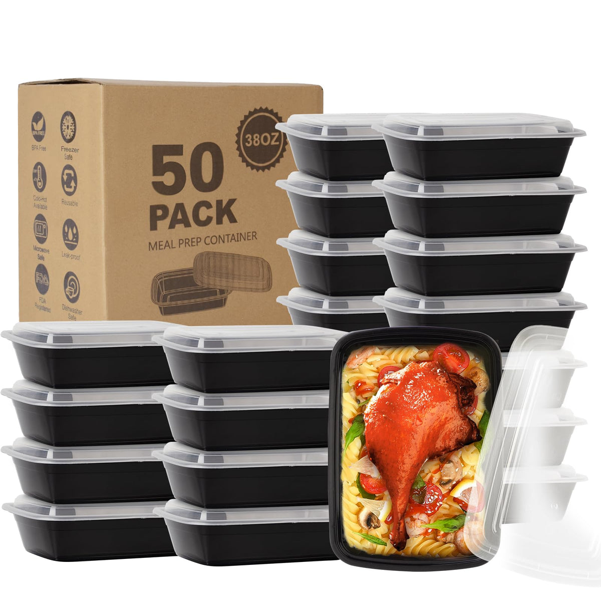 Ezalia 50 Pack- Meal Prep Containers 38oz, Plastic Food Prep Containers