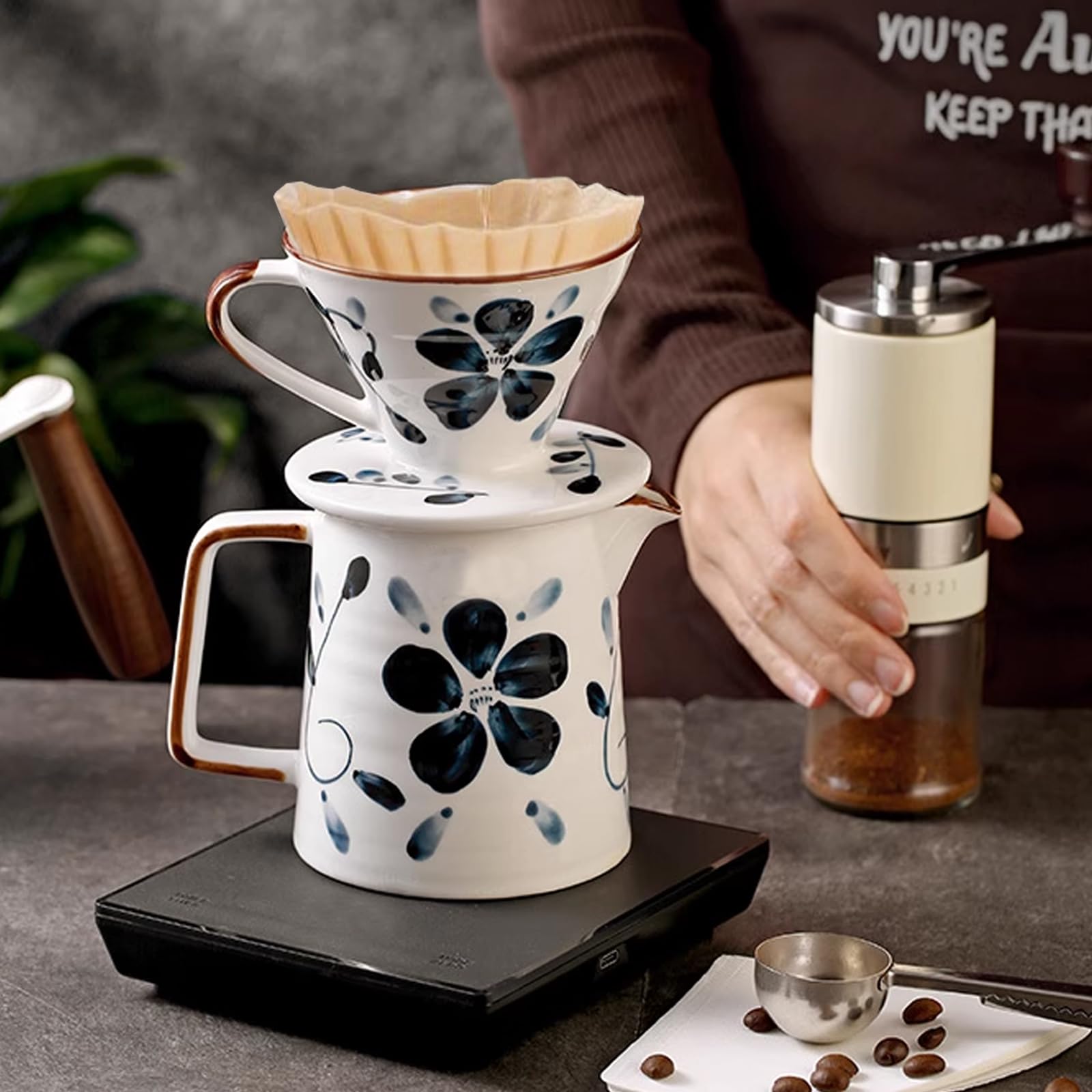 DYUEXI Ceramic Pour Over Coffee Maker Set, Ceramic Coffee Dripper with Single Hole, Coffee Pot & 100 Paper Filters for Home, Travel, Camping (1-2 Cup)