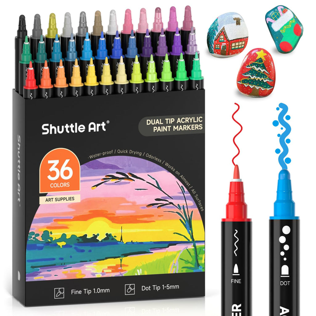 Shuttle Art 36 Colors Dual Tip Acrylic Paint Markers, Brush and Fine Tip for Rock Painting, Ceramic, Wood, Canvas, Plastic, Glass, Stone, Calligraphy, Card Making, DIY Crafts
