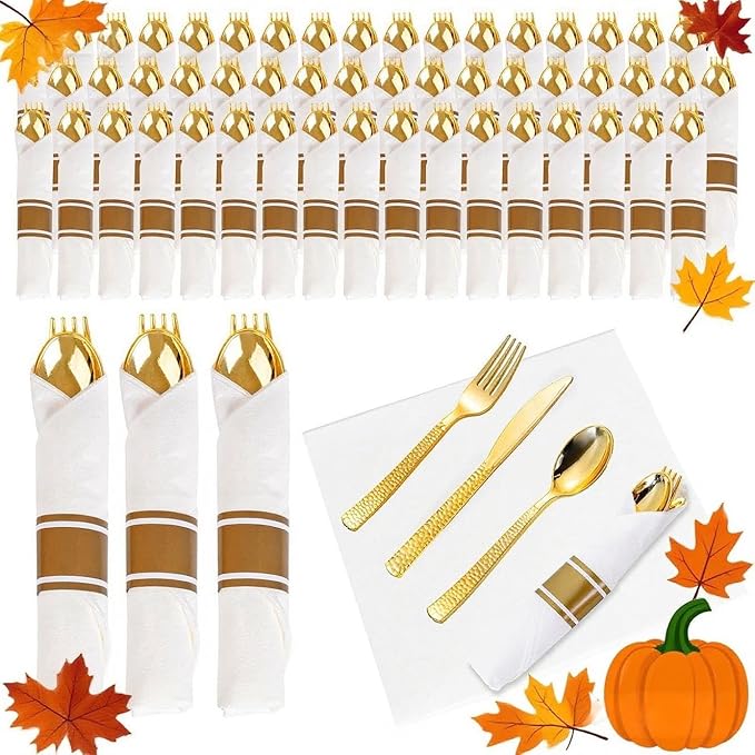 WELLIFE 100 Pack Gold Plastic Silverware, Pre Rolled Silverware Set Disposable,Plastic Cutlery Includes: 100 Forks, 100 Knives, 100 Spoons, 100 Napkins, Cutlery Set Disposable for Party
