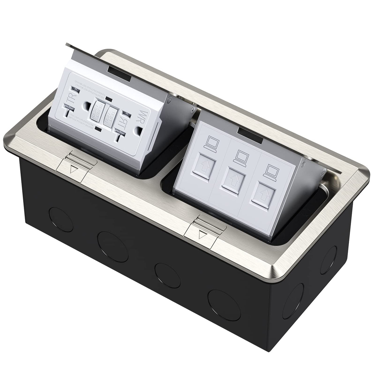 KYHSHJ Dual Pop-Up Floor Electrical Outlet Box Kit，20 Amp Stainless Steel GFCI TR Receptacle Outlet，3-Port RJ45 Datacom Receptacle， Black