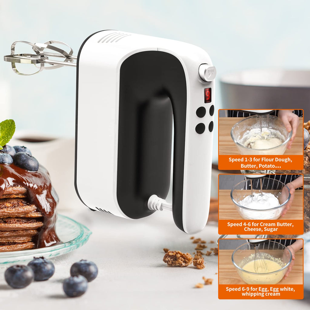 Yomelo 9-Speed Digital Hand Mixer Electric, 400W Powerful DC Motor, Hand Mixer Electric Handheld with Snap-On Storage Case, 5 Stainless Steel Accessories, Beaters, Dough Hooks, Whisk(White/Black)