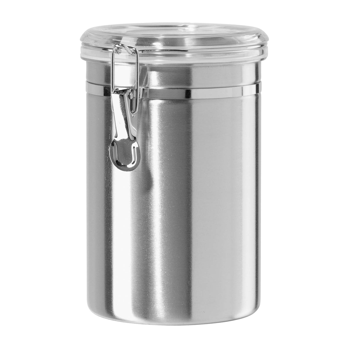 Oggi Stainless Steel Kitchen Canister 26 fl oz - Airtight Clamp Lid, Clear See-Thru Top - Ideal for Kitchen Storage, Food Storage, Pantry Storage. Size 5" x 3.5".