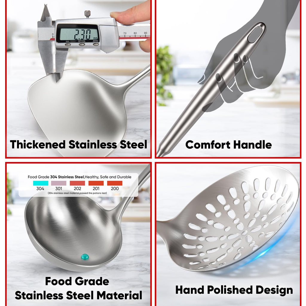 Newness 9 Pcs Cooking Utensils Set, 304 Stainless Steel Kitchen Utensils Set, Metal Kitchen Accessories, Include Soup Ladle, Slotted Skimmer Spoon, Spaghetti Spoon and Spatula, Dishwasher Safe