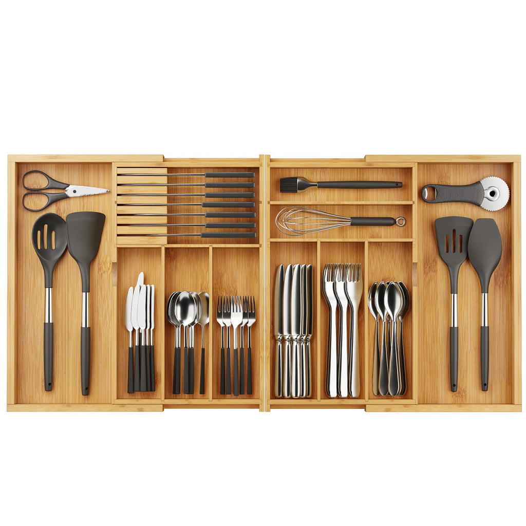 BAMEOS drawer organizer flatware organizer cutlery tray silverware organizer expandable adjustable bamboo drawer organizer kitchen bathroom