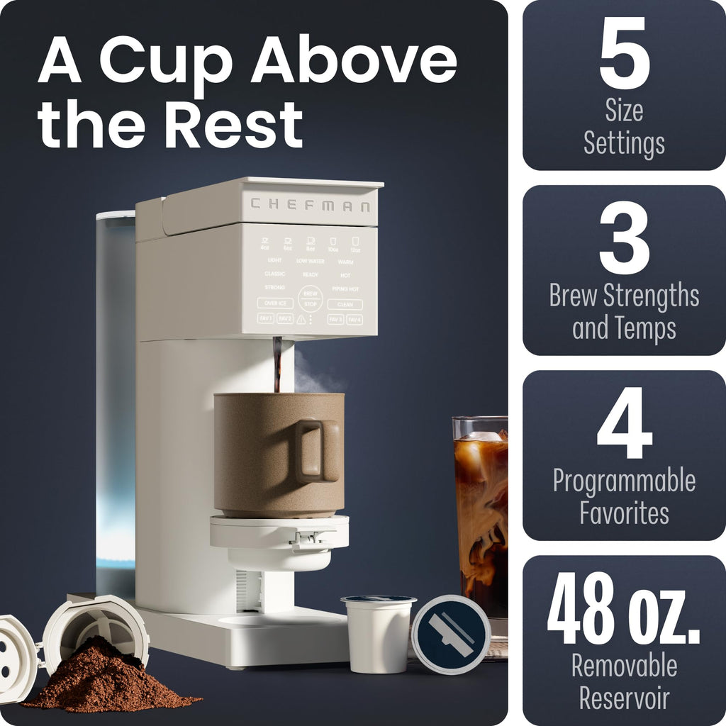 Chefman Caffeinator Single Serve Coffee Maker, Brew Kcups & Grounds, Drip Coffee Machine with Brew Strength Settings, Iced Coffee Function, 45 oz. Removable Water Reservoir