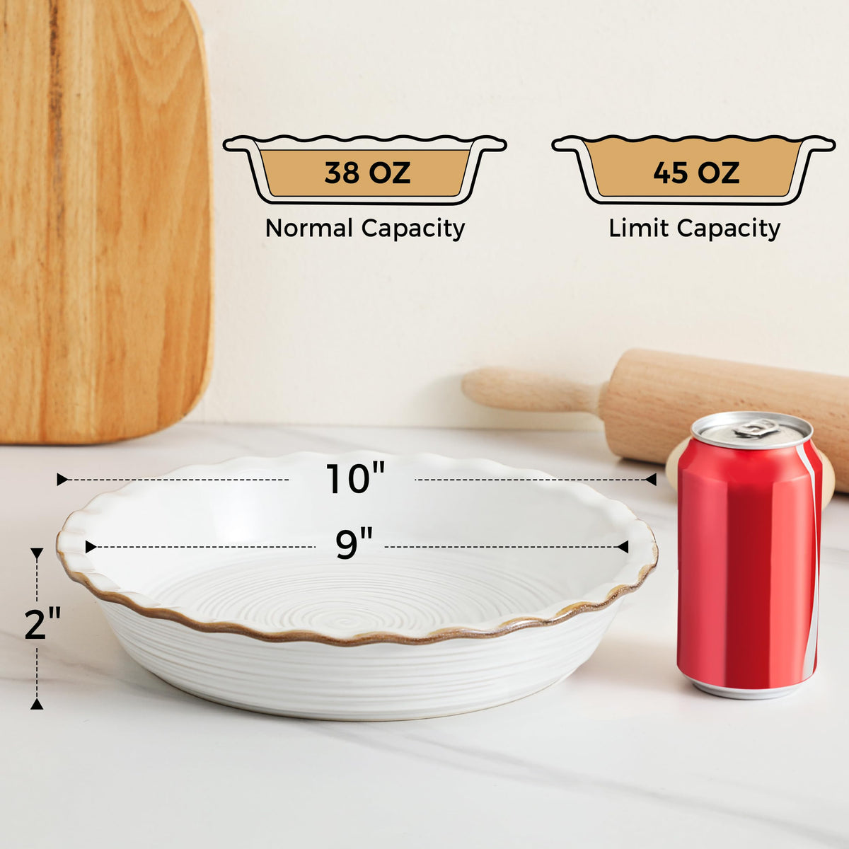 Frewinky 9 Inch Ceramic Pie Pans, Deep Fluted Pie Dishes, White, Set of 2