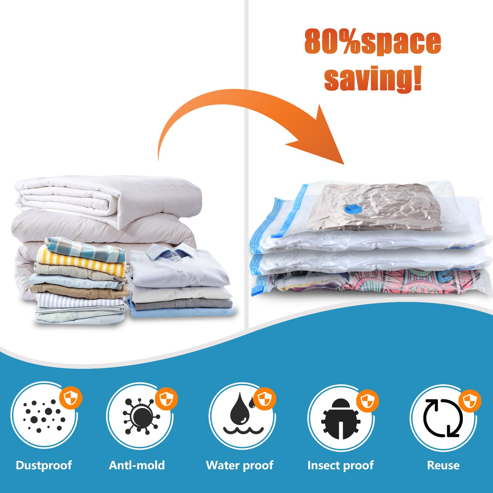 kissleaf 20 Pack Vacuum Seal Bags for Clothing with Electric Air Pump, Space Saver Vacuum Storage Bag for Clothes, Mattress, Blanket, Duvets, Pillows(4 Jumbo/4 Large/4 Medium/4 Small/4 Roll Up Bags)