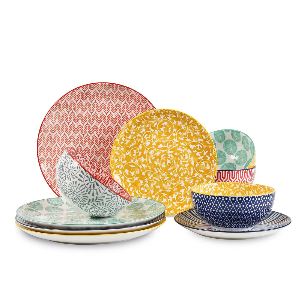 Selamica Ceramic Dinnerware Sets, 12-Pieces Plates and Bowls Sets, Scratch Resistant Dishes set for 4, Dishwasher & Microwave Safe, Assorted Colors