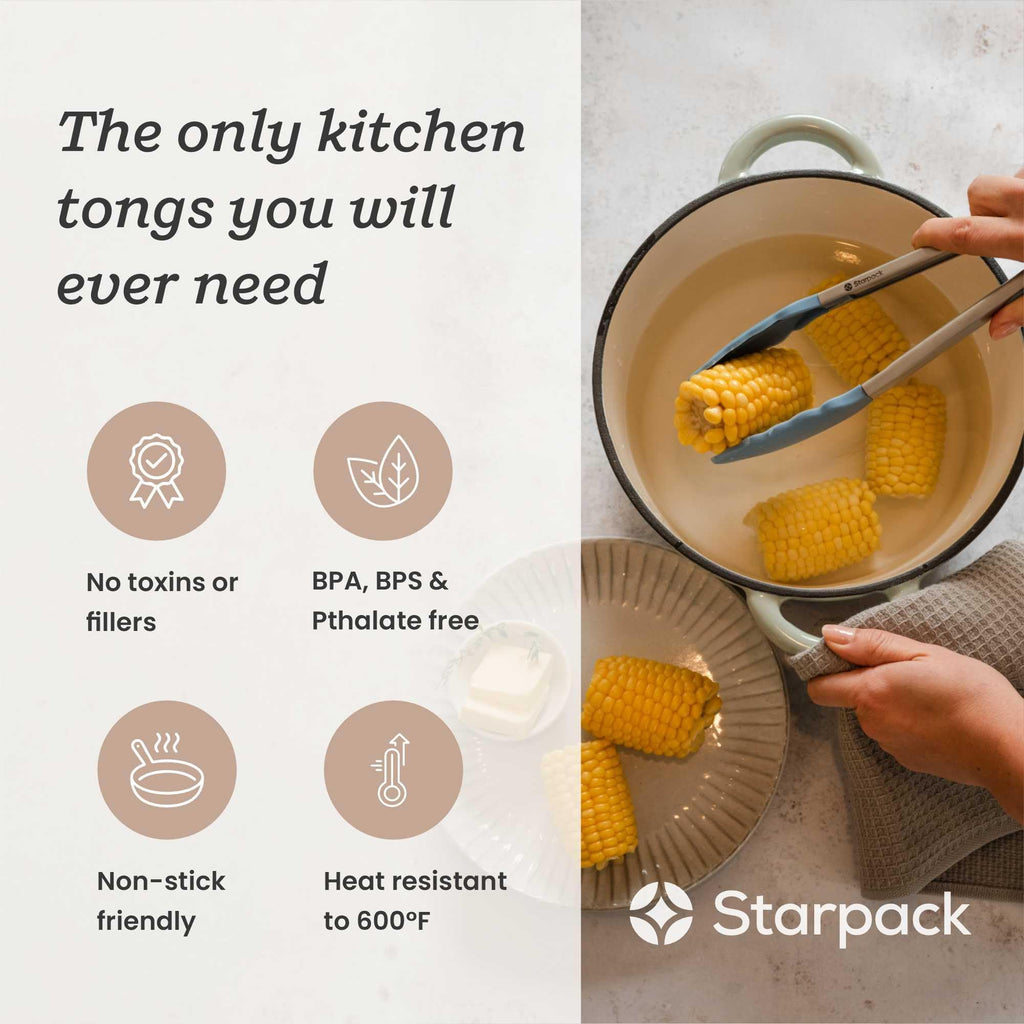 Starpack Get a Grip Silicone Kitchen Tongs (12 Inch) - LFGB Non Toxic, 600°F Heat Resistant, BPA-Free - Heavy-Duty Stainless Steel, Locking - Dishwasher Safe for Nonstick Cookware