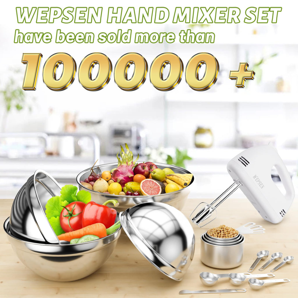 WEPSEN Hand Mixer Electric Mixing Bowls Set, 5 Speeds Handheld Mixer with 4 Nesting Stainless Steel Mixing Bowl, Measuring Cups Spoons 200W Kitchen Blender Whisk Beater Baking Supplies For Beginner