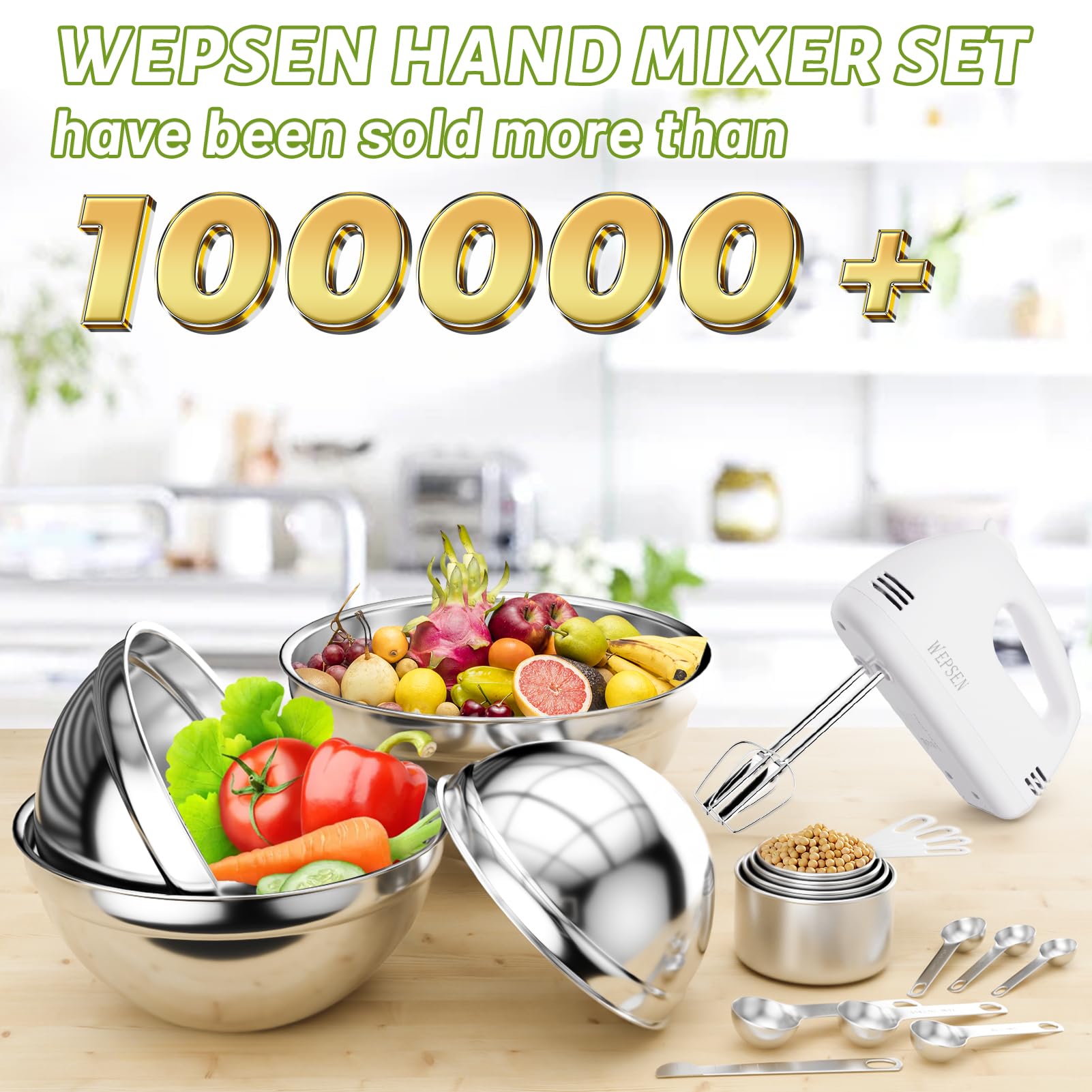WEPSEN Hand Mixer Electric Mixing Bowls Set, 5 Speeds Handheld Mixer with 4 Nesting Stainless Steel Mixing Bowl, Measuring Cups Spoons 200W Kitchen Blender Whisk Beater Baking Supplies For Beginner